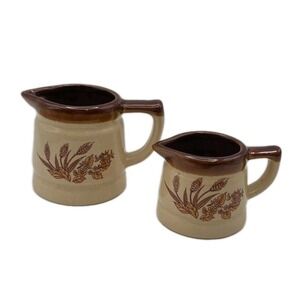 Vintage 70's Stoneware Set 2 Small Creamer Pitcher Brown Wheat Syrup Sauce Cabin